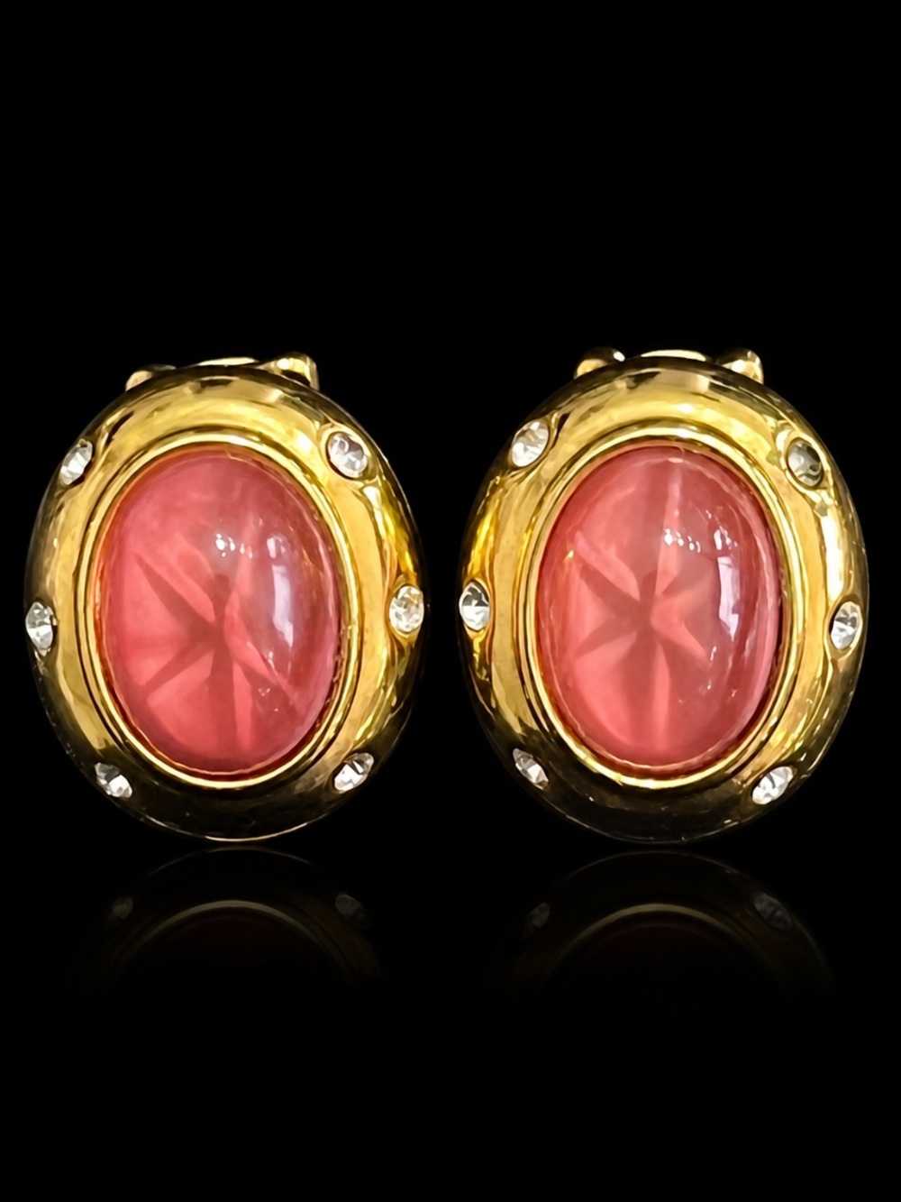 Nolan Miller Pink Ruby Star cabochon Crystal Gold clip on Earrings vintage QVC